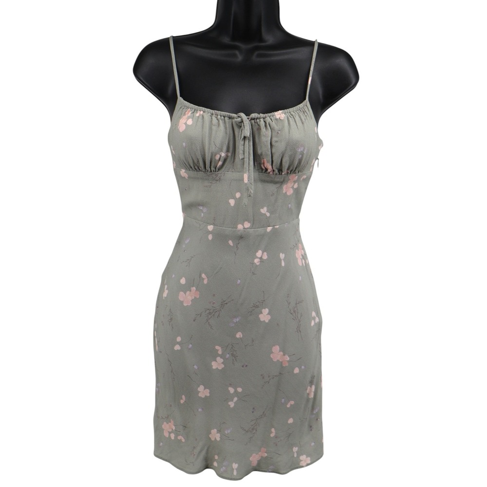 Wilfred Aritzia Sage Green Strappy Floral Mini Dress Smocked Cherry Blossom Sz 0
